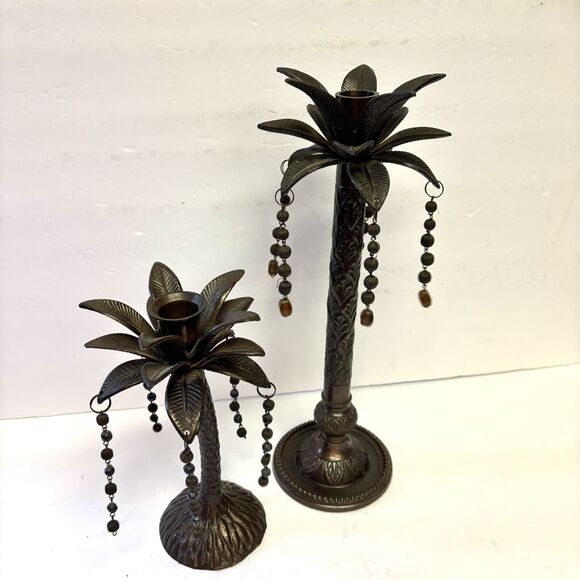 Set Of 2 Brass Palm Trees Taper Candlestick Holders With Dangling Beads - Picture 5 of 6